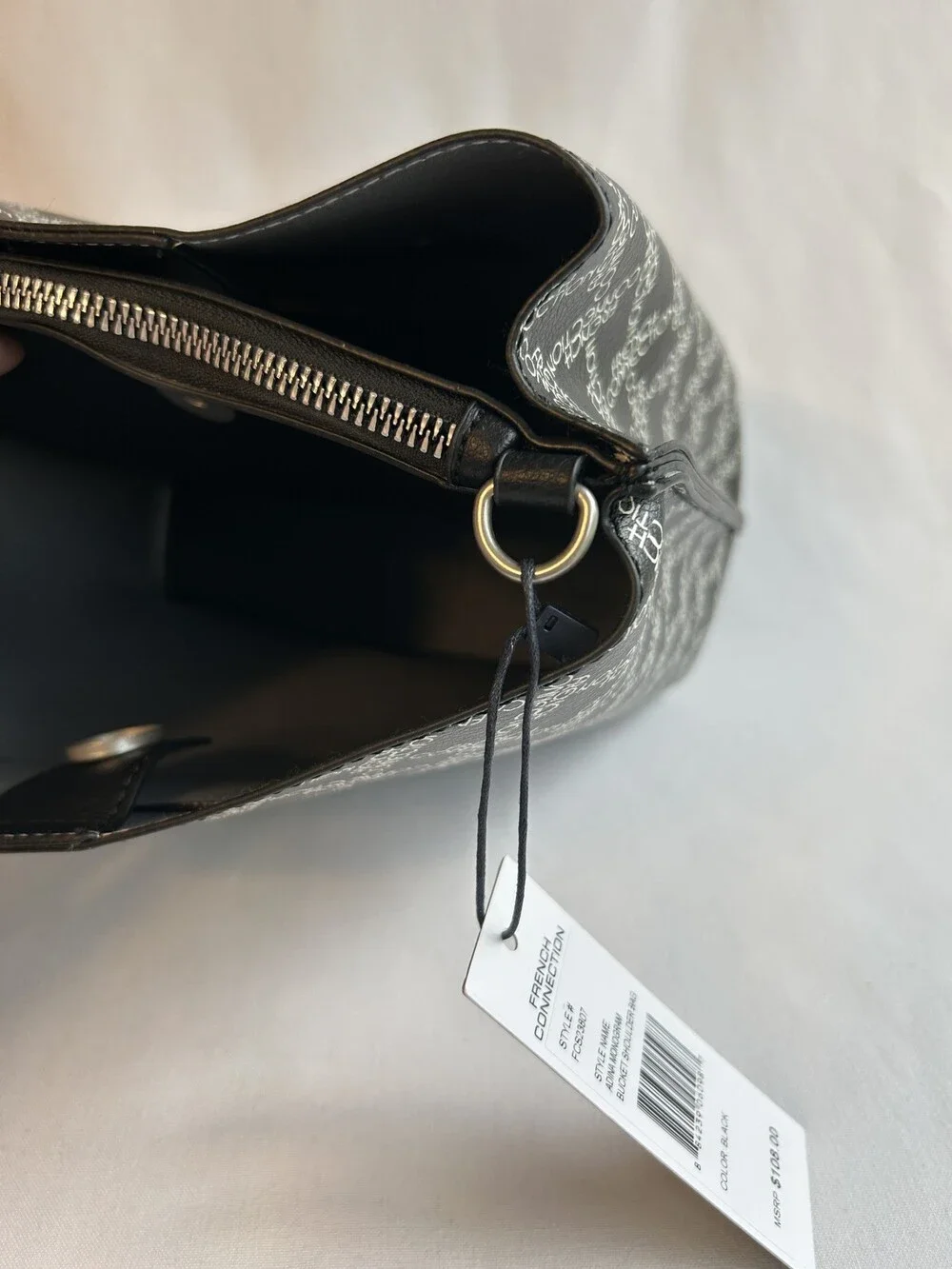 French Connection Bucket Shoulder Bag Black Adina Monogram Logo Purse